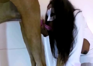 Bodysuit-wearing ebony slut and a dog