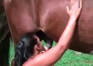 Submissive chick drinking horse cum on cam