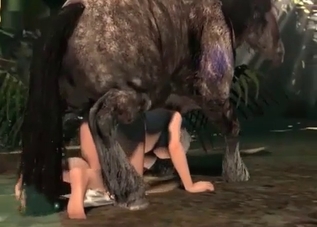 Submissive blonde submits to a 3D horse
