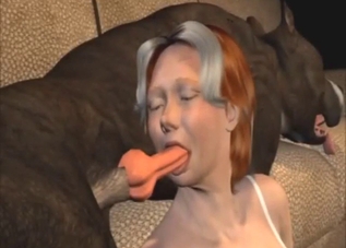 Redheaded girl is sucking a resting dog off
